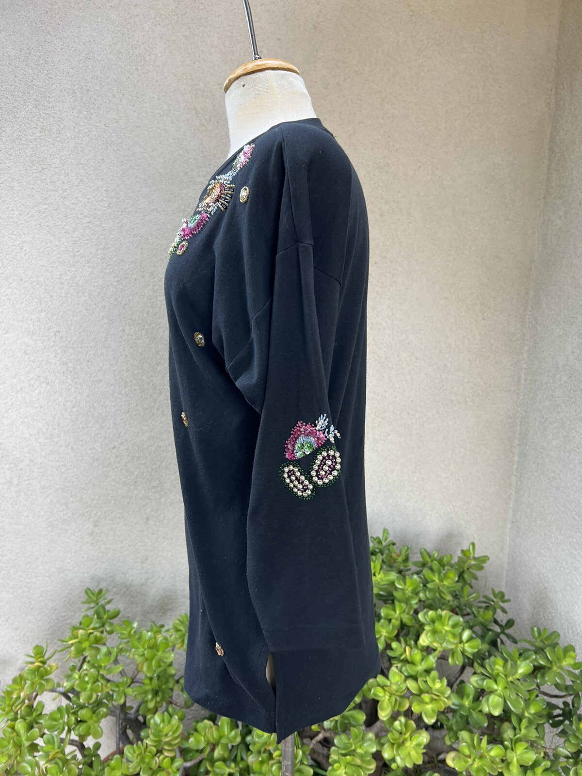 Vtg Top Sweatshirt glam black tunic beads sequins Size Medium By Eminent