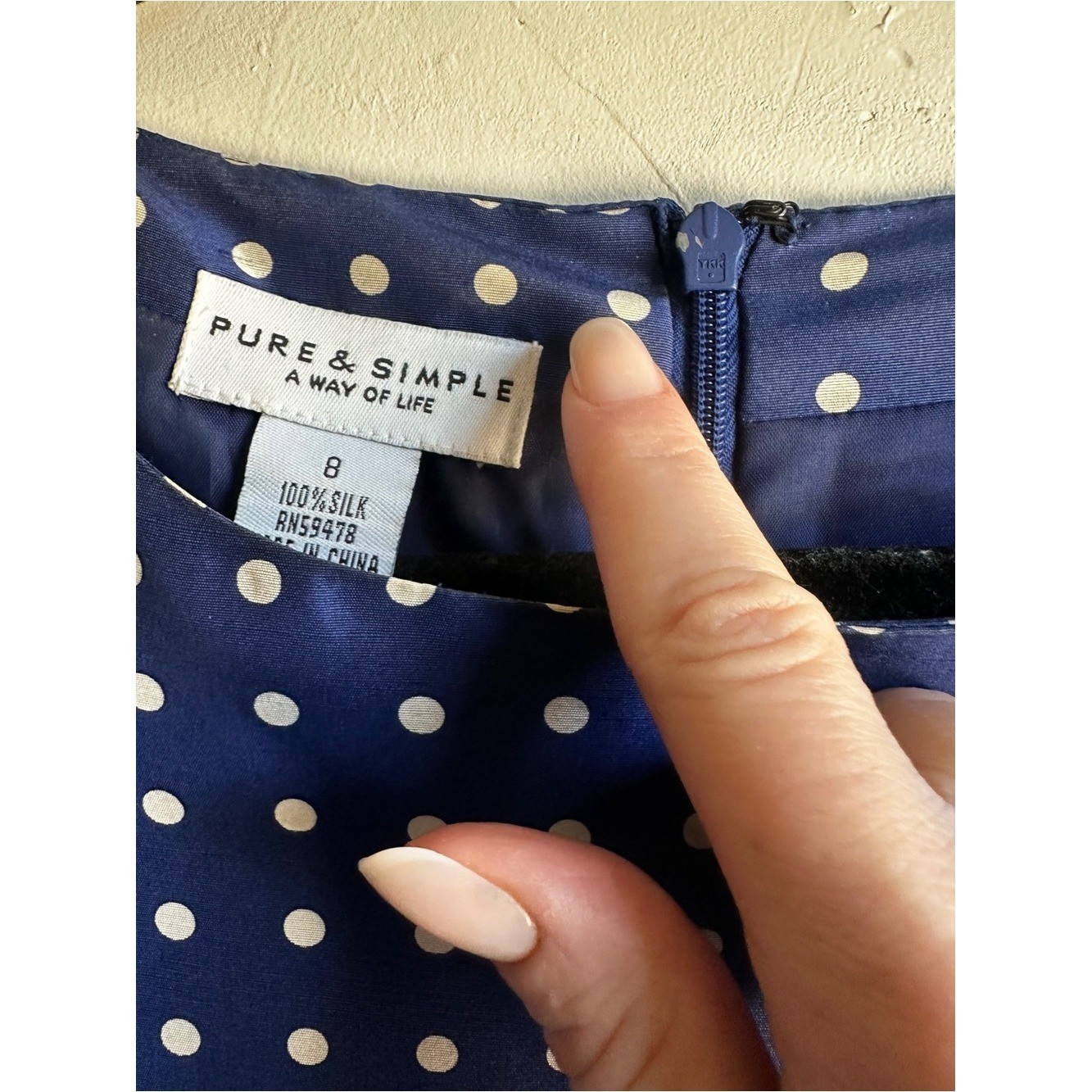 Pure & Simple 100% Silk Blue Polka Dot Dress Retro Parisian Chic Ruffle Hem Sz 8