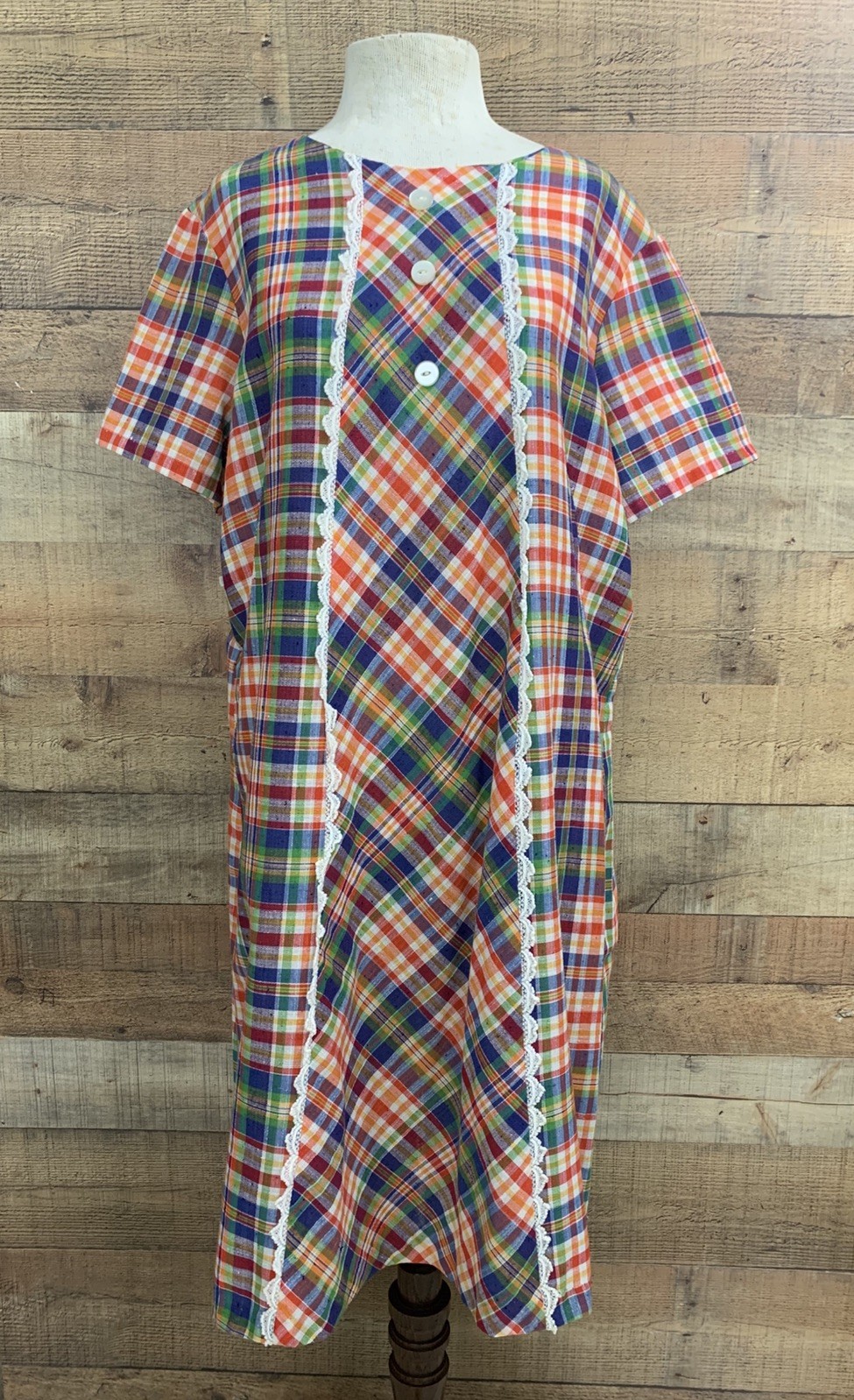 Vintage 1960s Mod Bright Plaid Woven Cotton House Dress 48” Bust /48” Waist