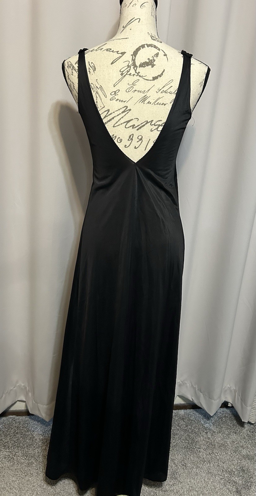 Vintage Long Black Nightgown Slip Dress Plunging Neckline Nylon Vamp