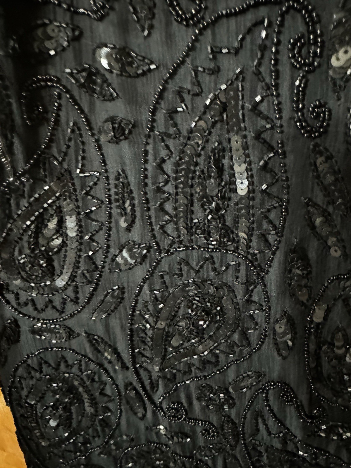 Mid 1990’s Black Tan Chho Sequinned & Beaded Dress with Fringe 2X BUST 44-48”
