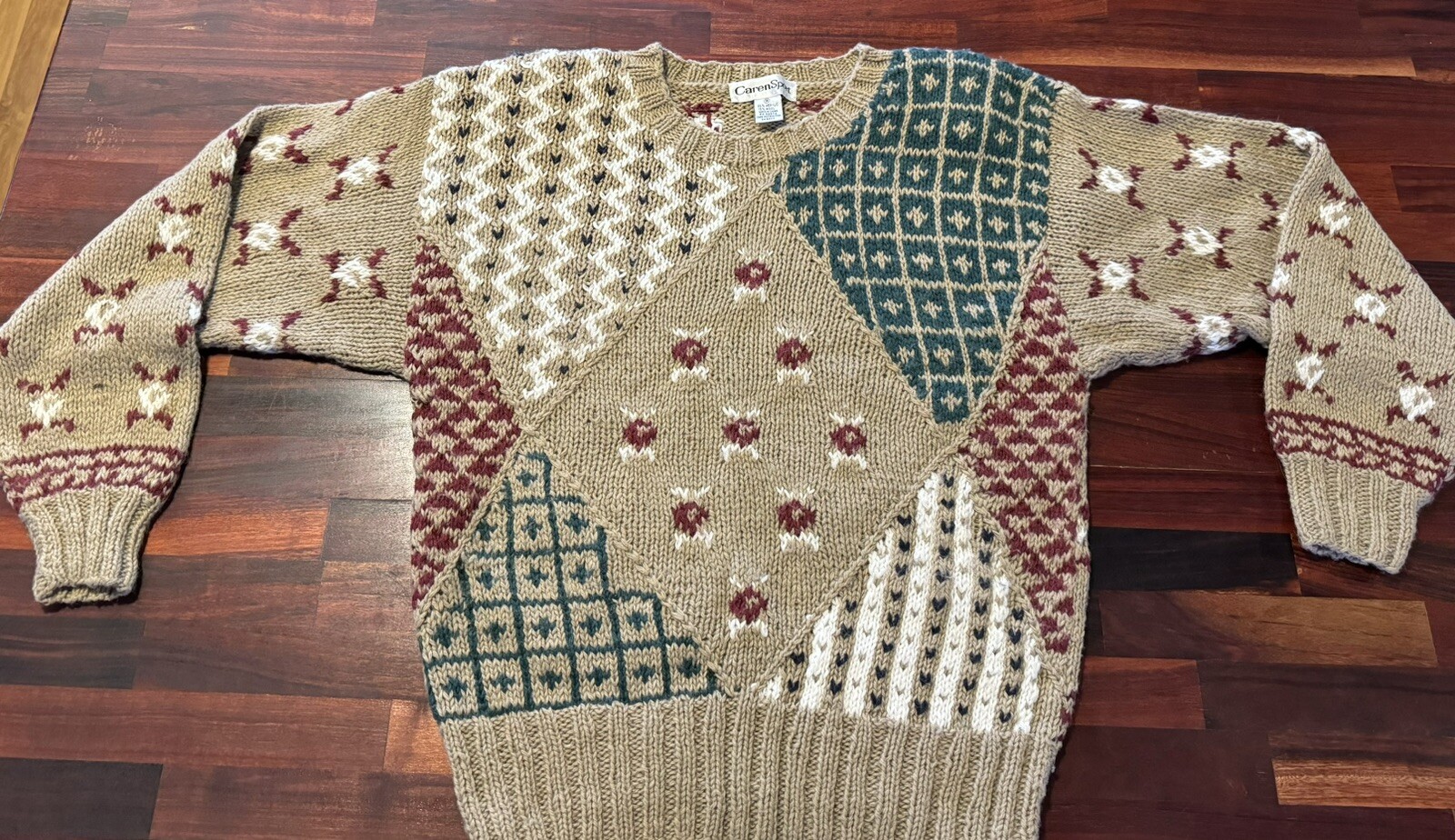 Vintage Chunky Knit Sweater Medium Caren Sport Cottagecore Tan Maroon Green