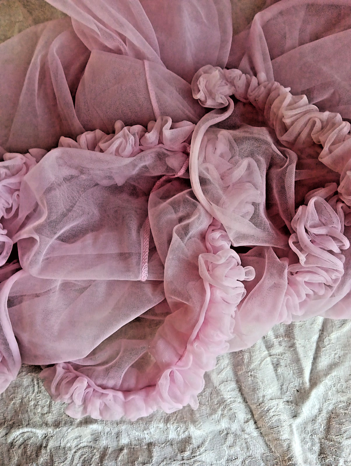 Vintage 100% Nylon Baby Doll Peignoir Pink Ruffles Sleeve & Hem, Size L