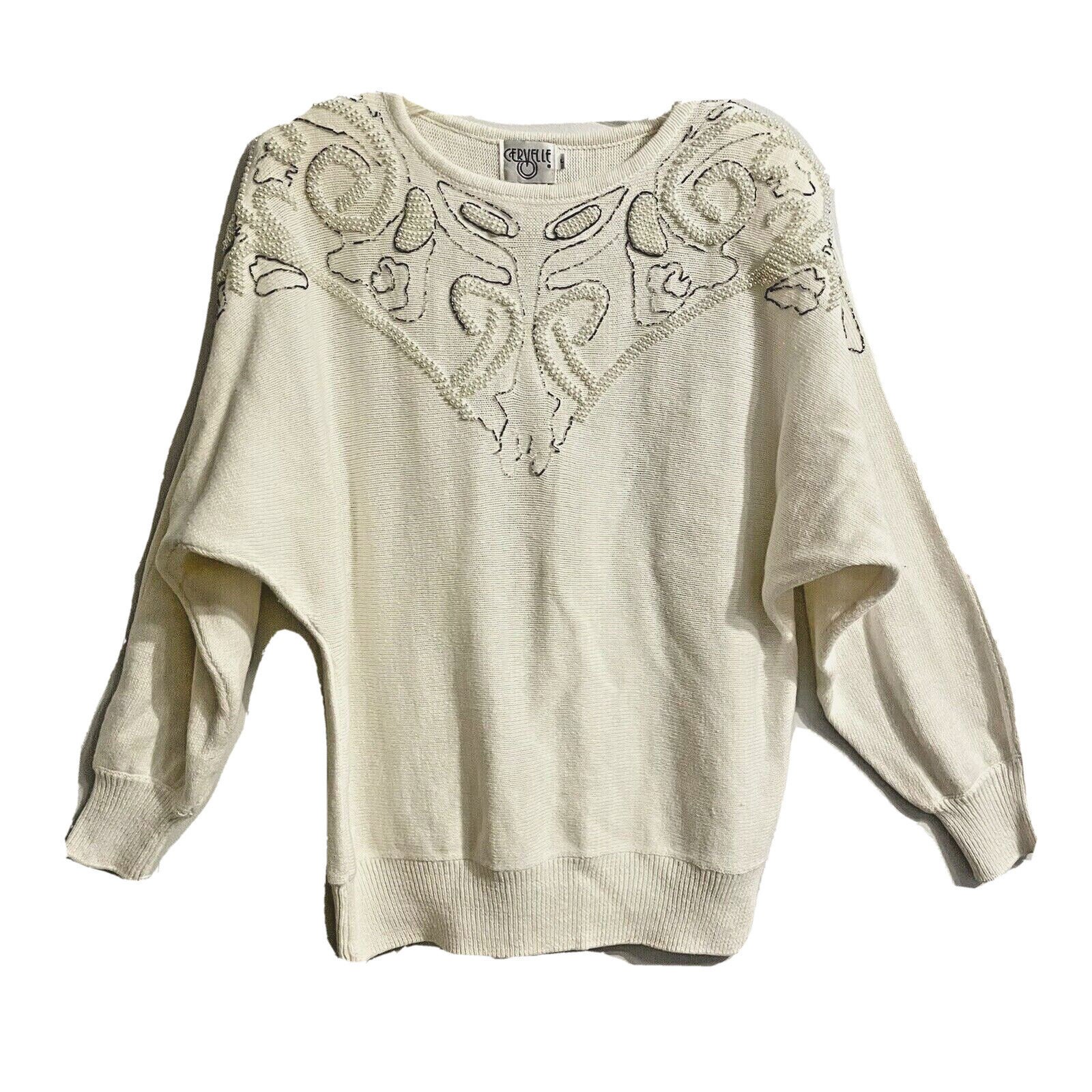Vintage Tunic Sweater Large Beaded Ivory Cervelle 80s Long Sleeve Boho Preppy