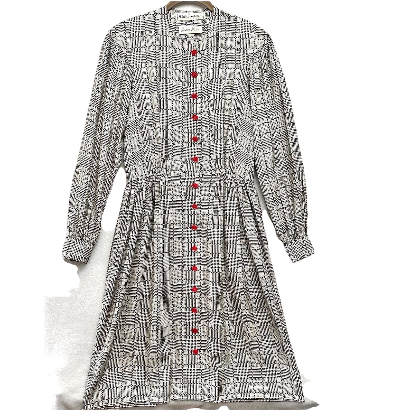 Adele Simpson Neiman Marcus Sz 10 Plaid Houndstooth Dress Red Accents Vintage 80