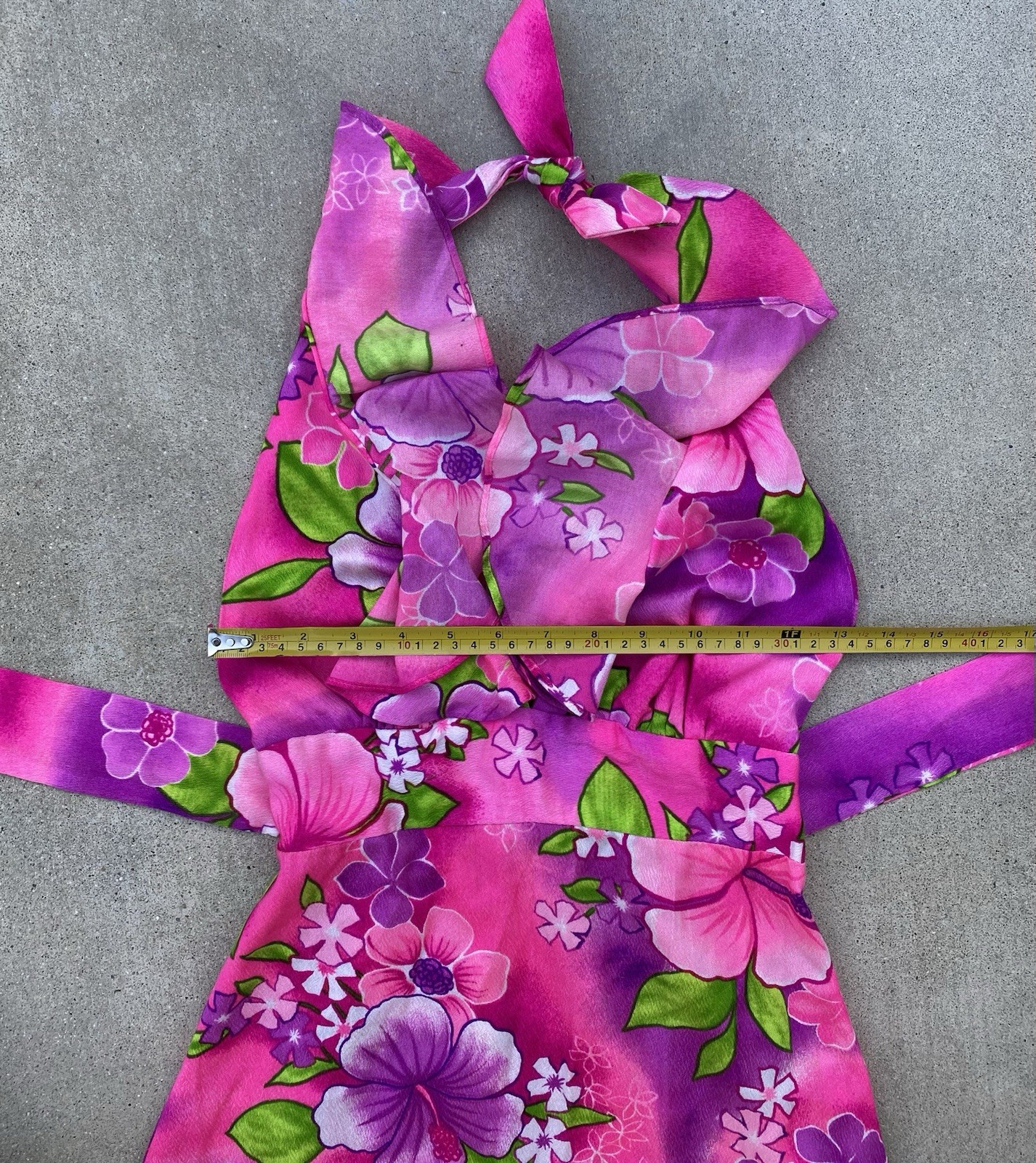 Vintage Pomare Hawaii Acrylic Hawaiian Halter Dress Ruffle Top Tiki Aloha Pink