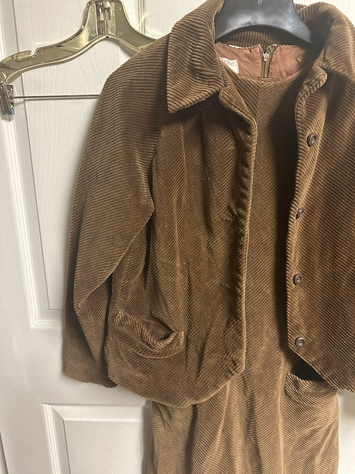 60s 70s Corduroy Dress Jacket Set Majestic Small 36w Brown Mod Grunge A Line