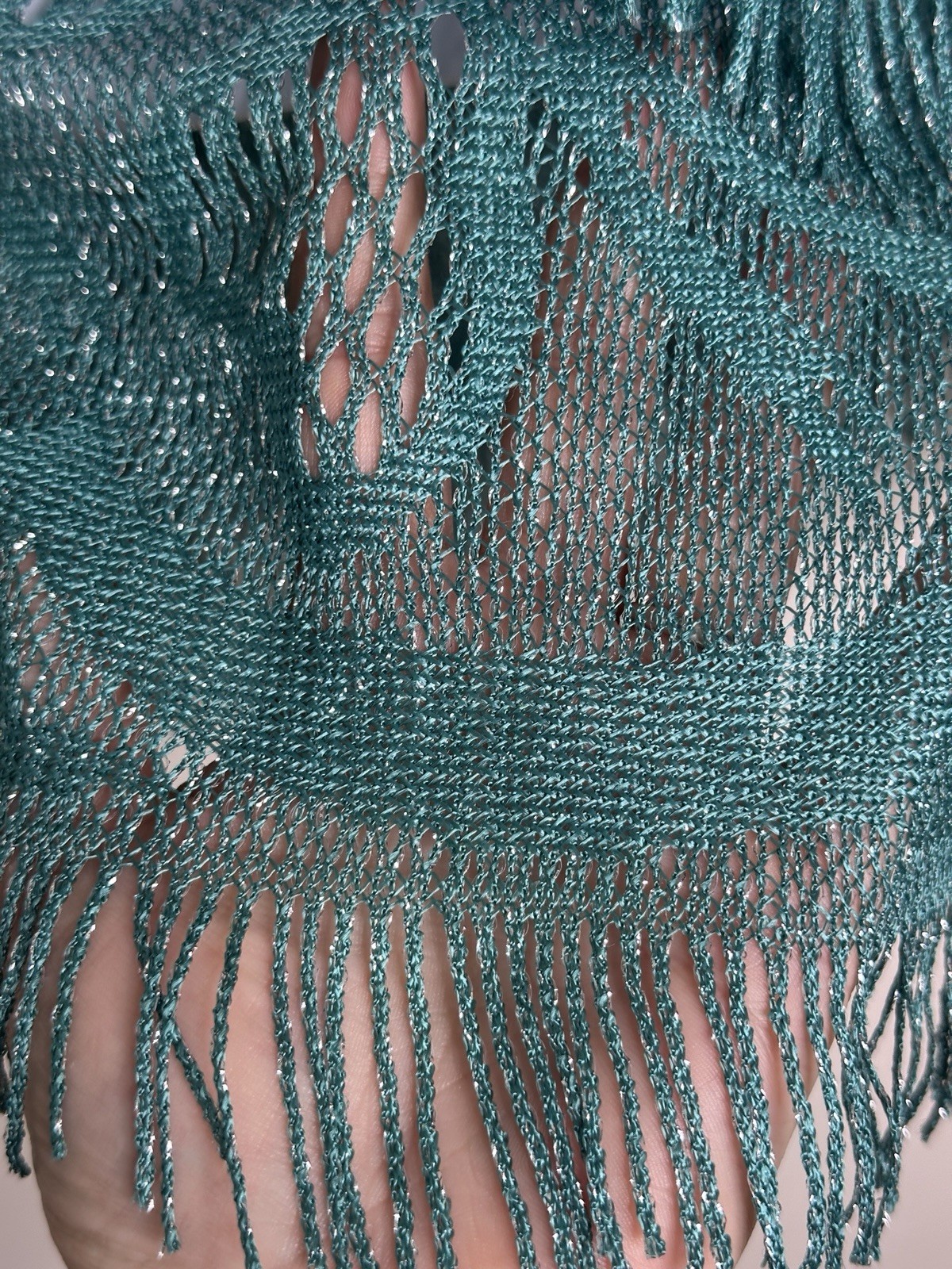 Vintage 70s 80s 90s Teal Knit Top Fringe Silver Frederick’s of Hollywood SMALL