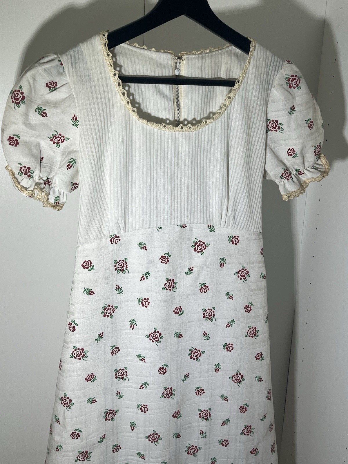1970s Prairie Dress Floral Cotton Gauze Puff Sleeve Lace Empire Size 13 As Is