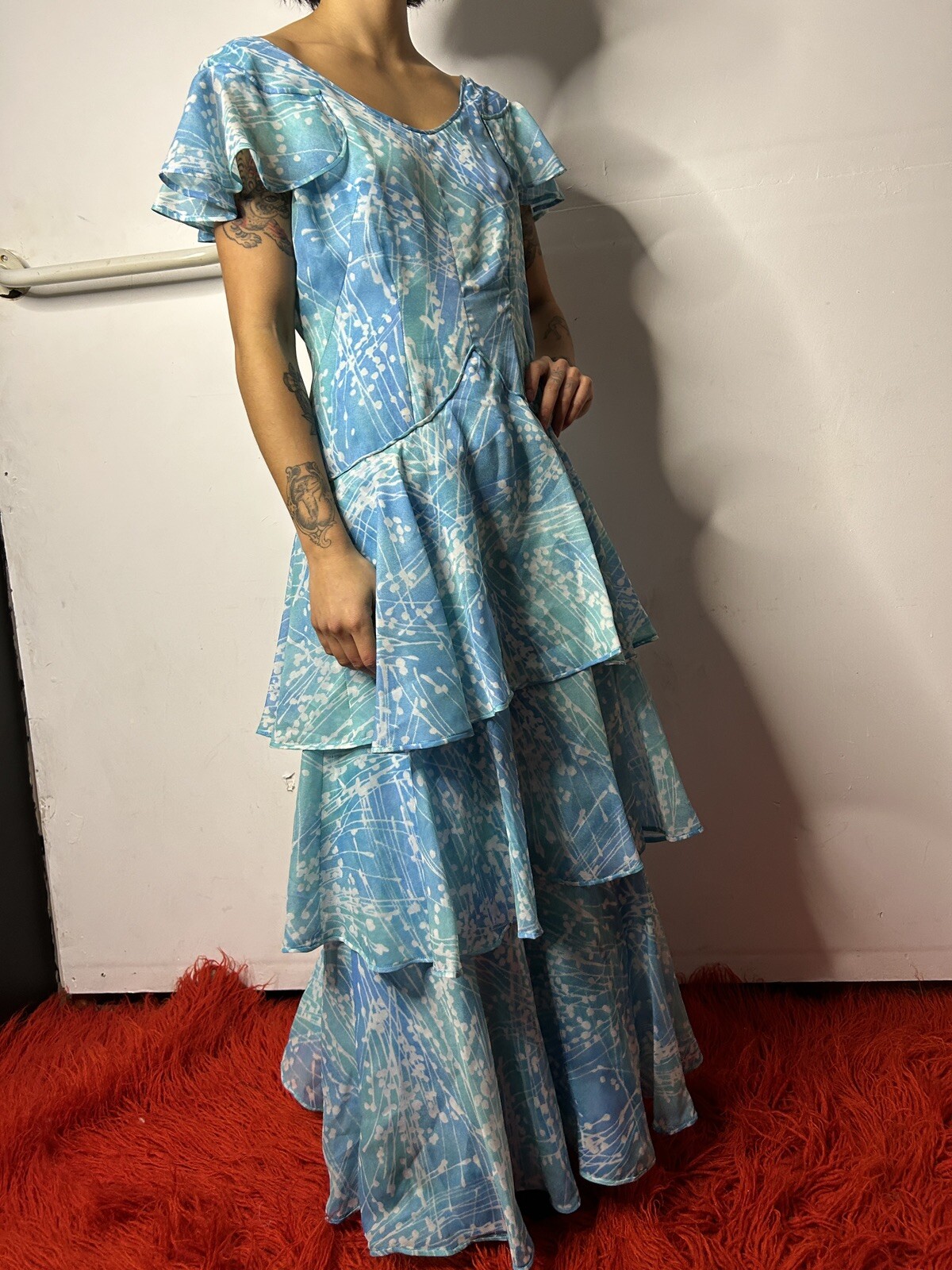 Vintage 1950s 1960s Handmade Tiered Gown Dress Blue Nylon Flutter Sleeves AU 8