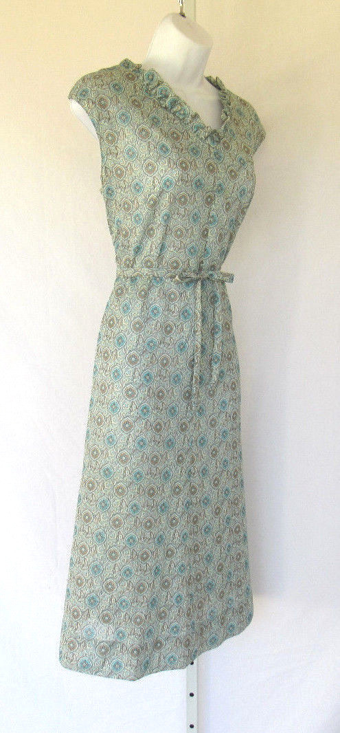 VINTAGE 1960s 70s MOD JUST’N TIME DRESS FLORAL PAISLEY BELT RUFFLE POLYESTER