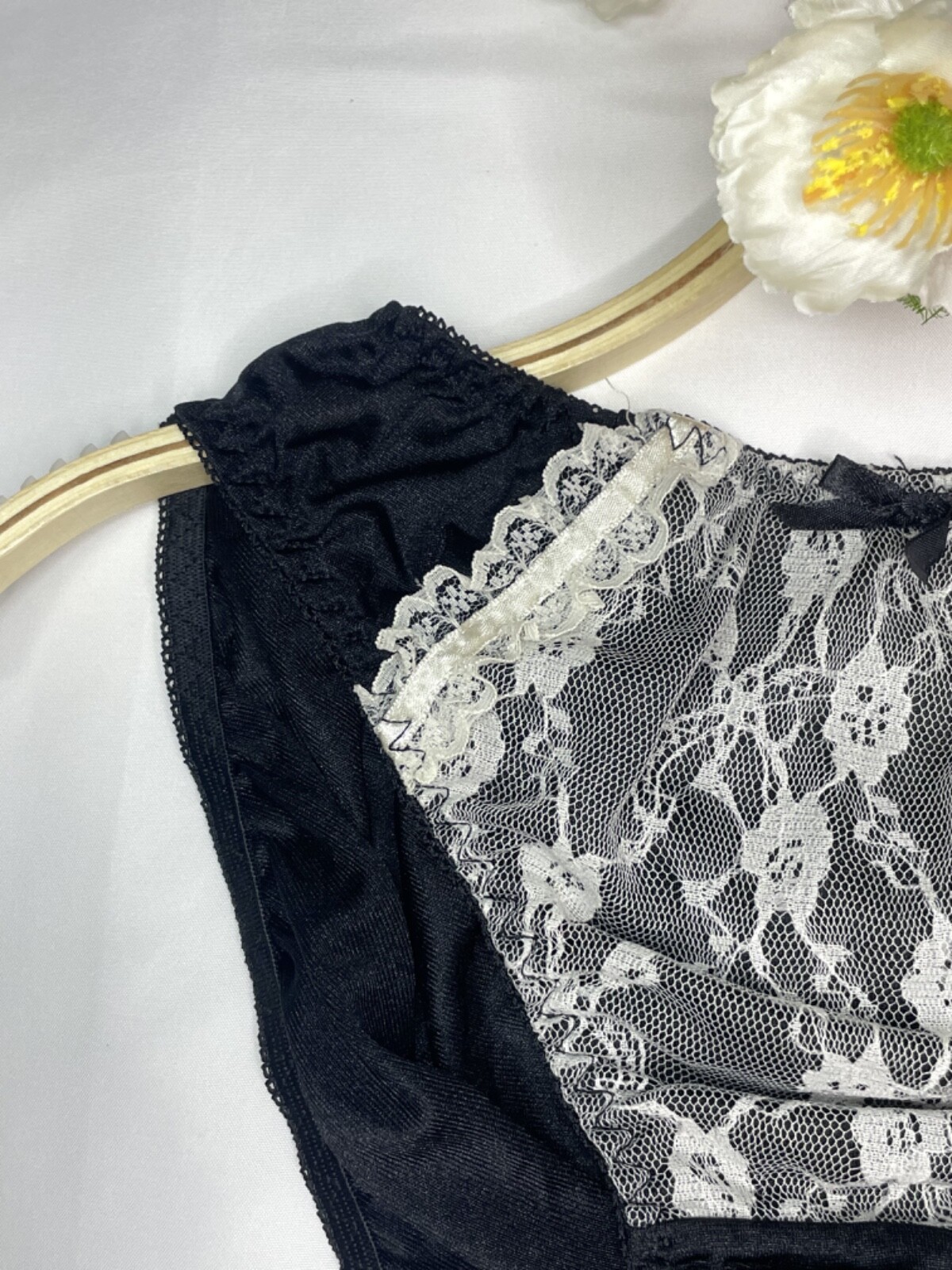 Vintage Sheer Black Nylon Panty Briefs Hip 38-41″ Sz.7/L White Lace Sissy Bikini