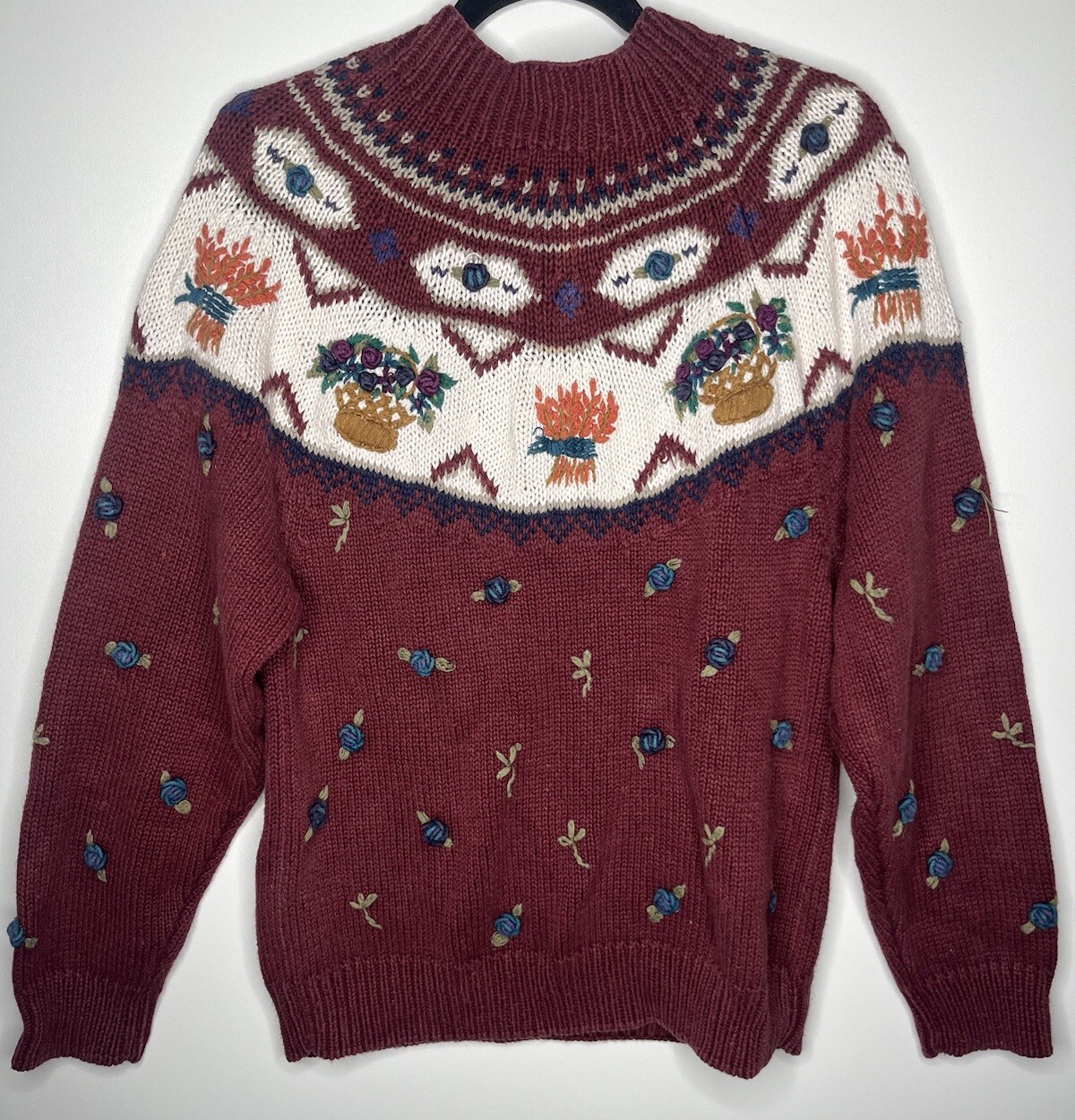 Van Heusen Hand Knitted For Her Floral Sweater Burgundy Size Small Vintage