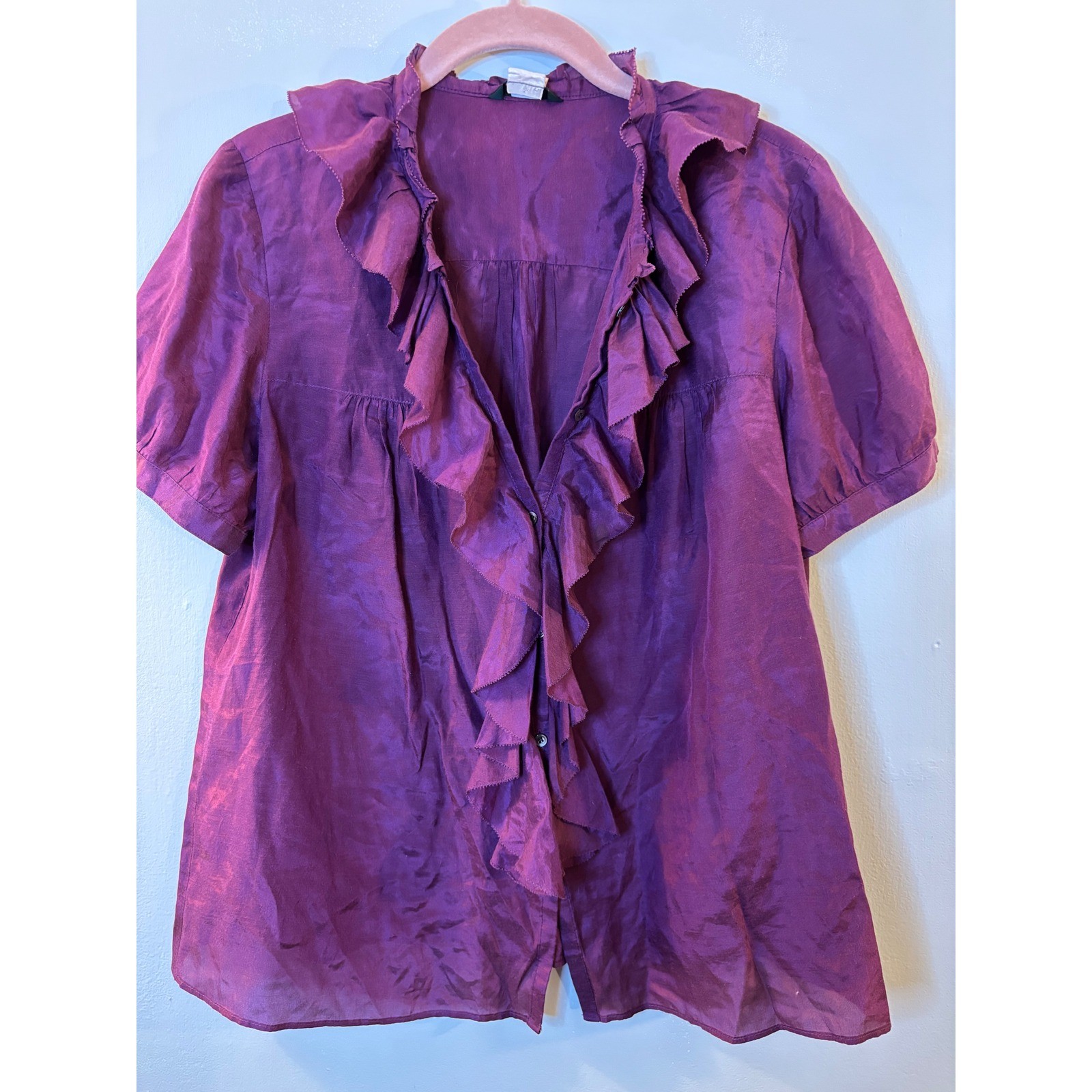 J Crew Burgundy Wine Silk Blend Ruffle Front Blouse 6
