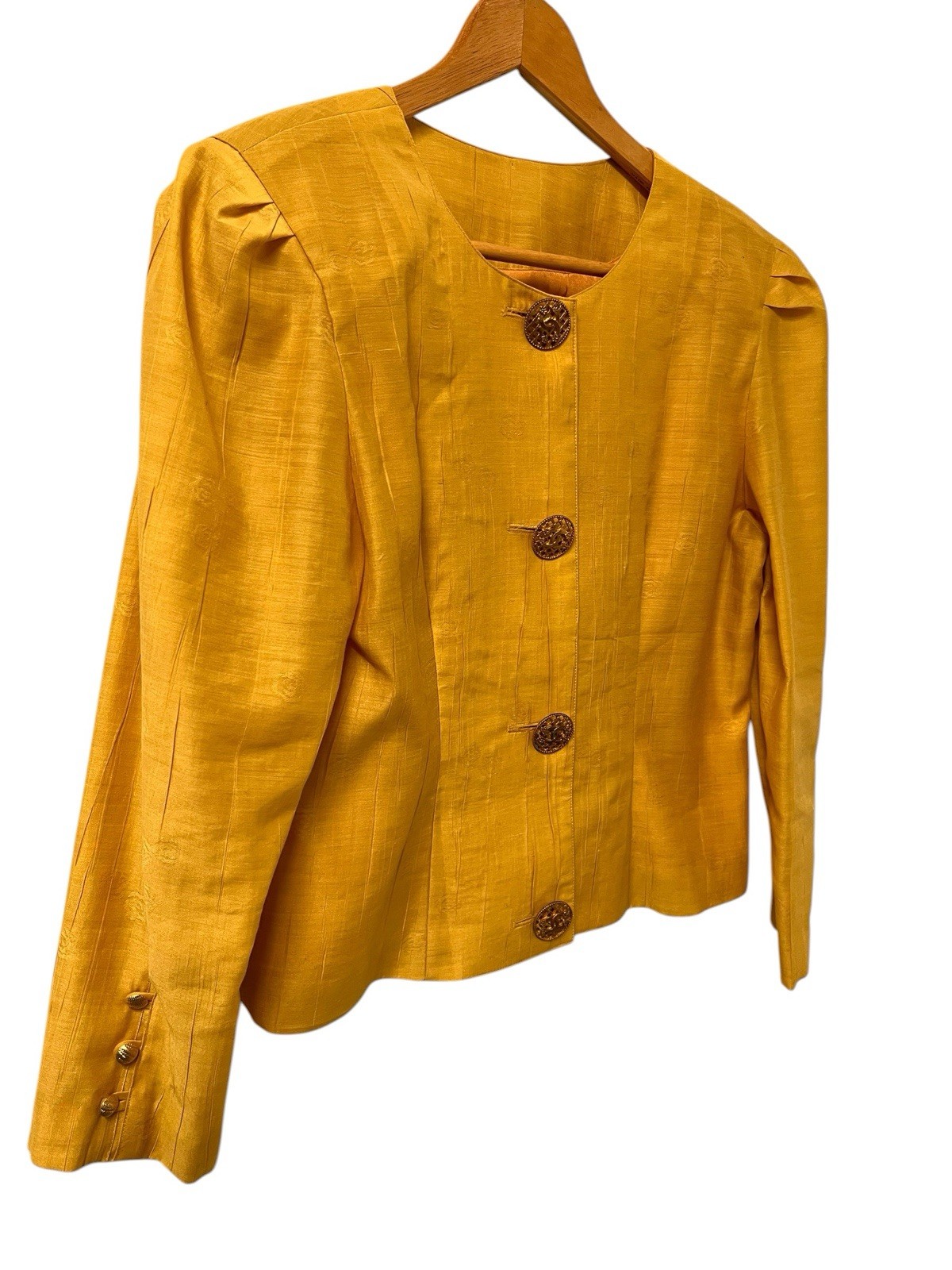 Vintage Bespoke Tailored Jacket Yellow Camellia Floral Buttons Women’s Medium