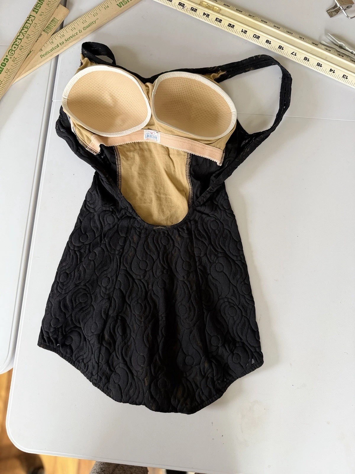 Vtg 60s Jantzen Pin Up Black Lace Bathing Suit 14 Runs Small Bullet Bra USA