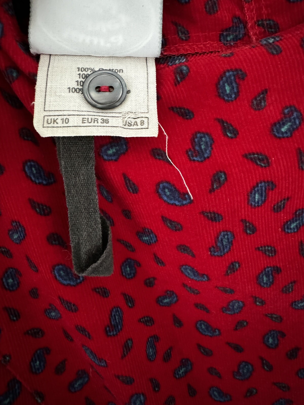 Vintage LAURA ASHLEY Red Paisley Corduroy Dress Square Collar UK 10 US 8