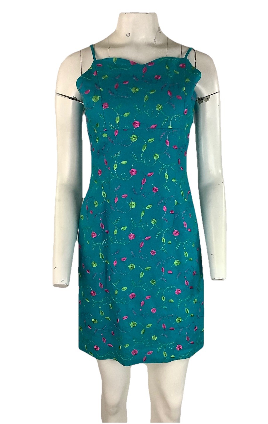 Vintage Y2K Althuser Sz 6 Canvas Floral Embroidered Slip Dress Aqua Green BH