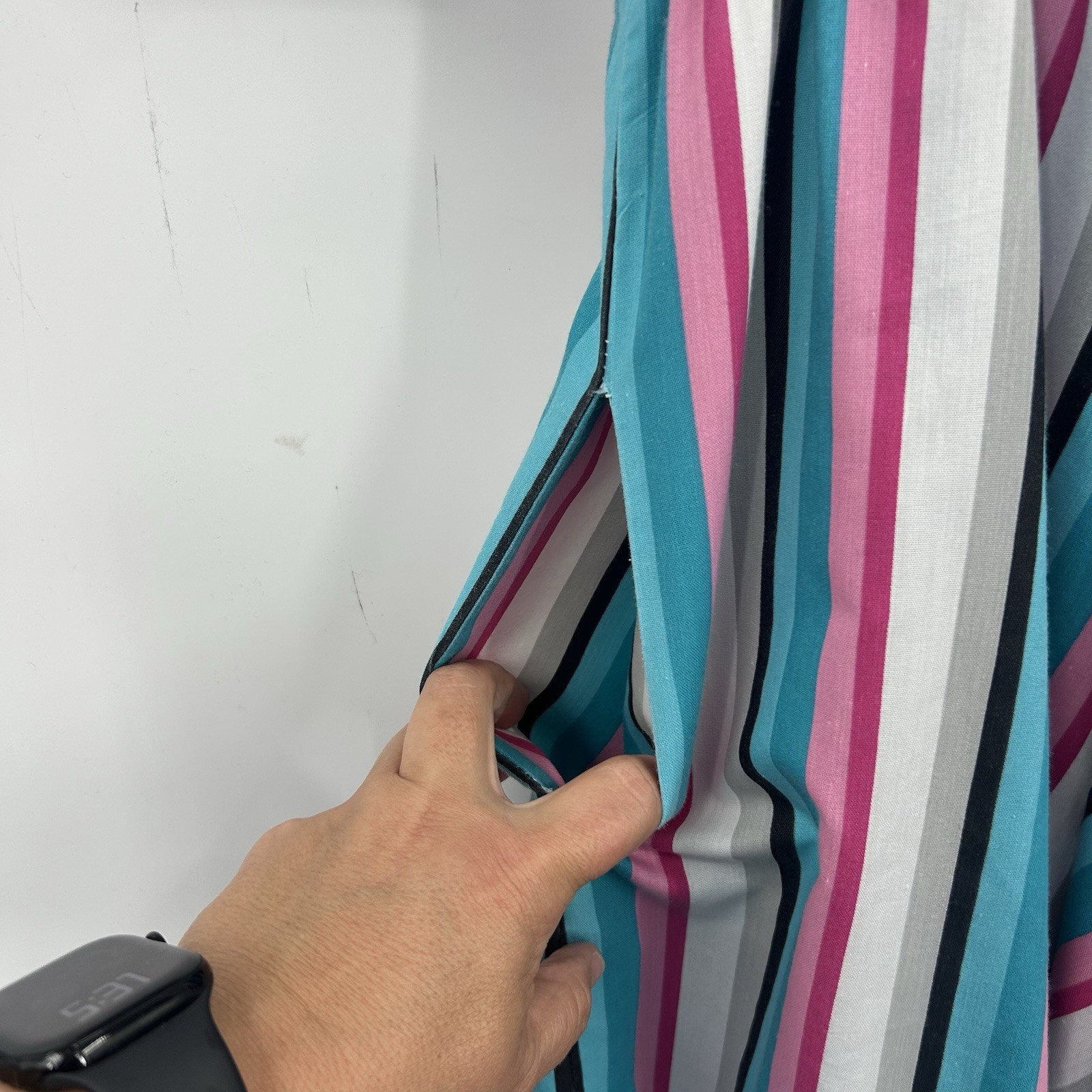 Vintage 80s 90s Striped Midi Dress Womens Shoulder Pads Pockets Colorful Retro L