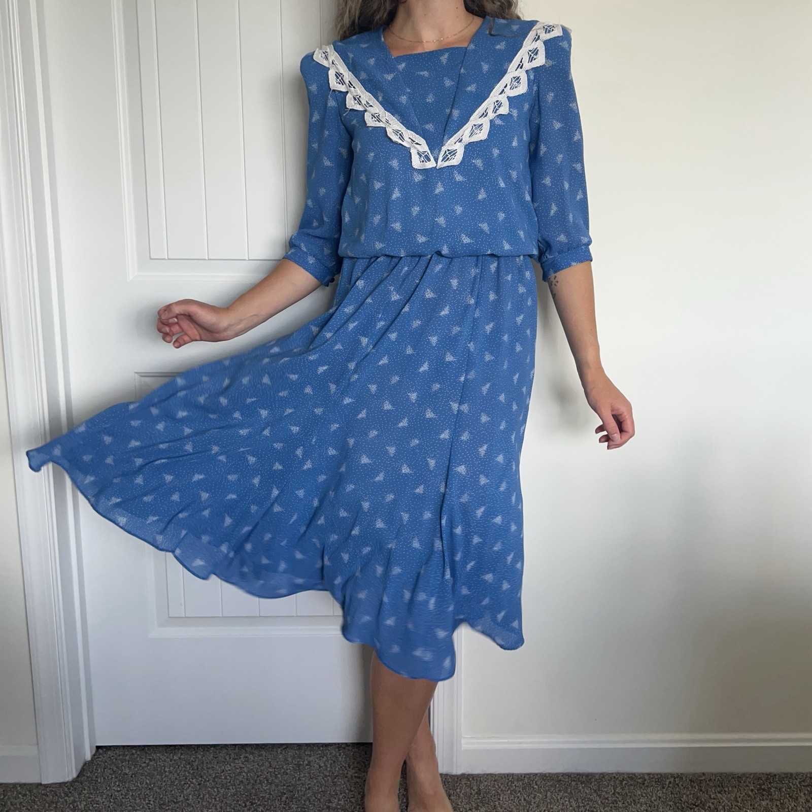 Vintage 80s JT Petites Blue Lace-trimmed Midi Dress 6P