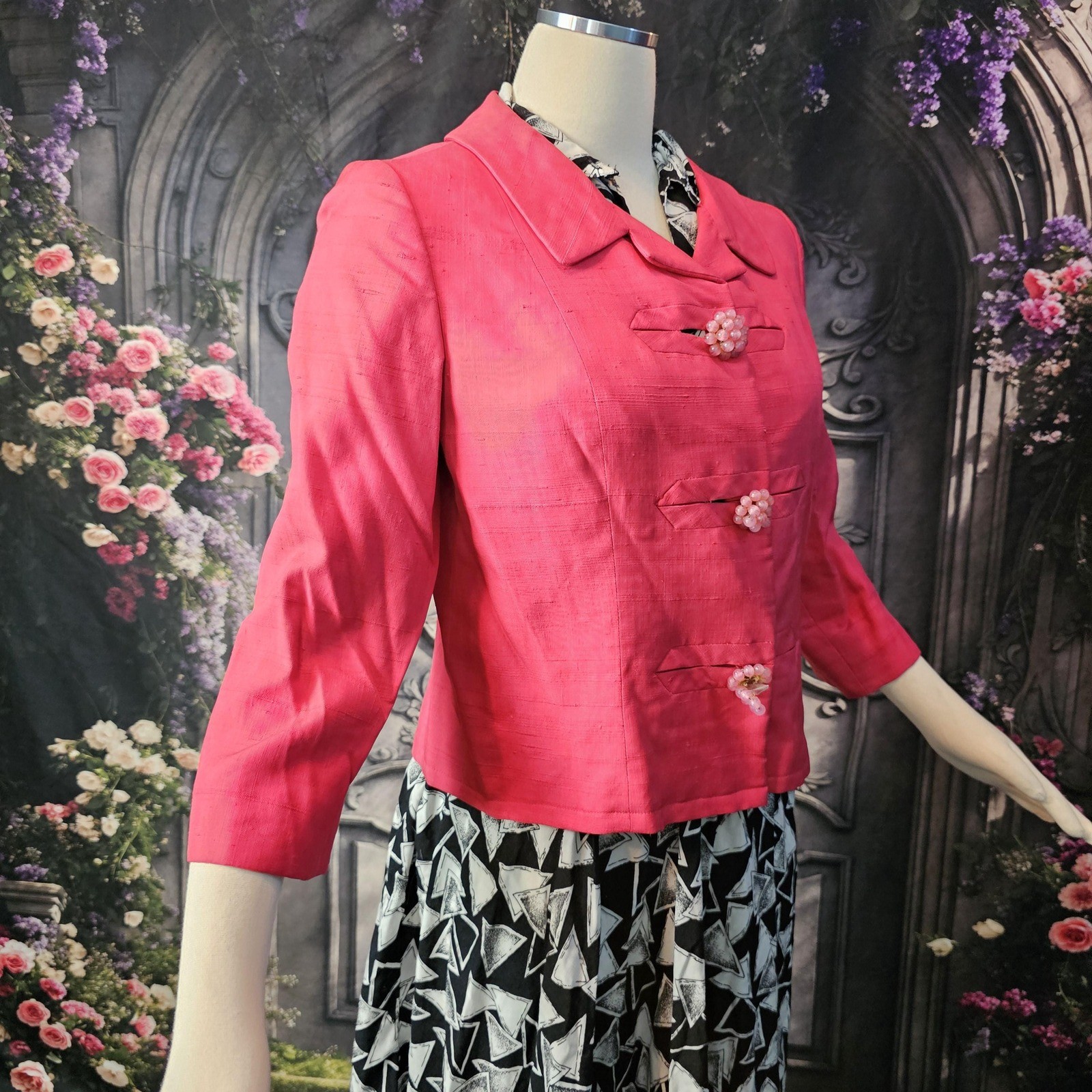 Vintage 1960’s Jacket Bright Pink Half Sleeve Beaded Buttons Blazer Barbie