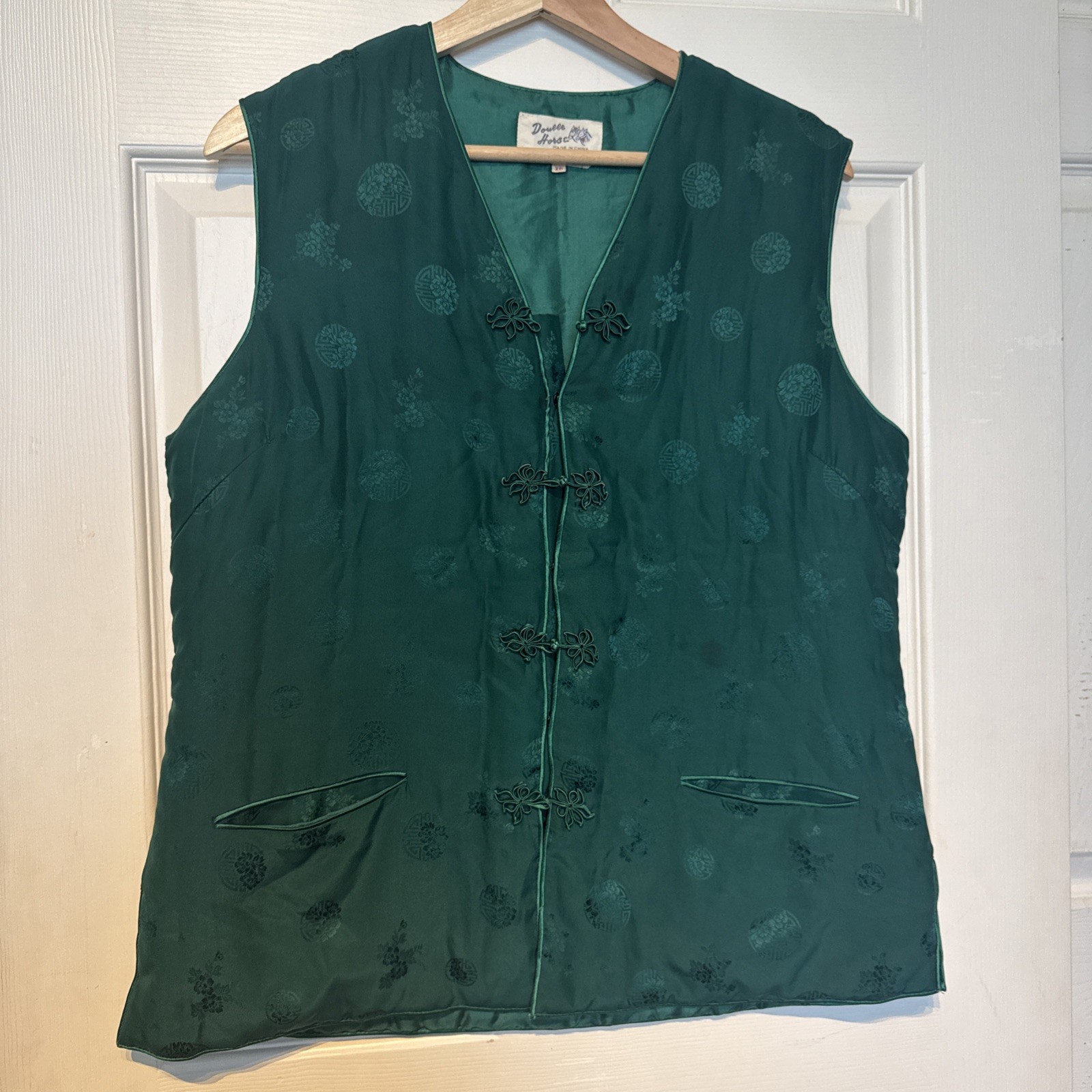 Vintage Double Horse Emerald Green Pure Silk Lined Asian Inspired Vest-Women XL