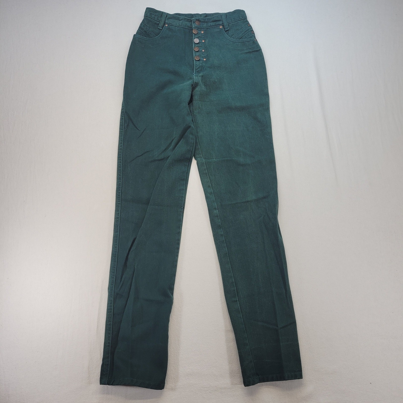 Roper Western Straight Jeans Women 5/6 Green VTG High Rise Button Fly Made USA