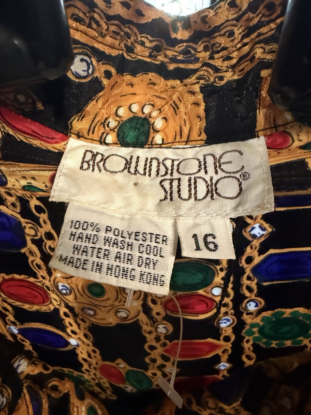 Vintage 80s Bold JEWEL PRINT Dress Brownstone Studio Size 16 Shoulder Pads
