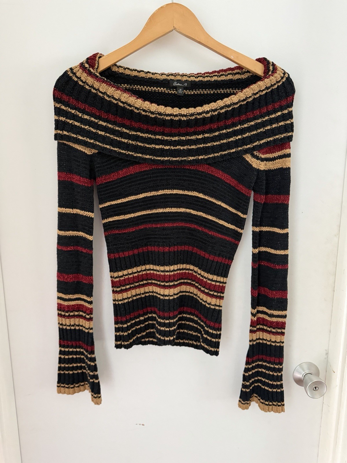 VTG Arden B Striped Metallic Acrylic Flare Sleeve cowl neck sweater top Shirt M