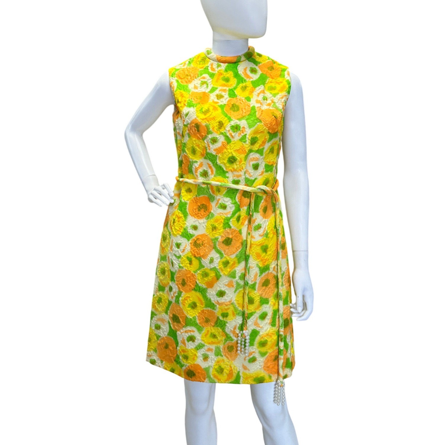 Vintage 60s Sleeveless Mod Floral Shift Dress A Line Quilted High Neck NOS JS