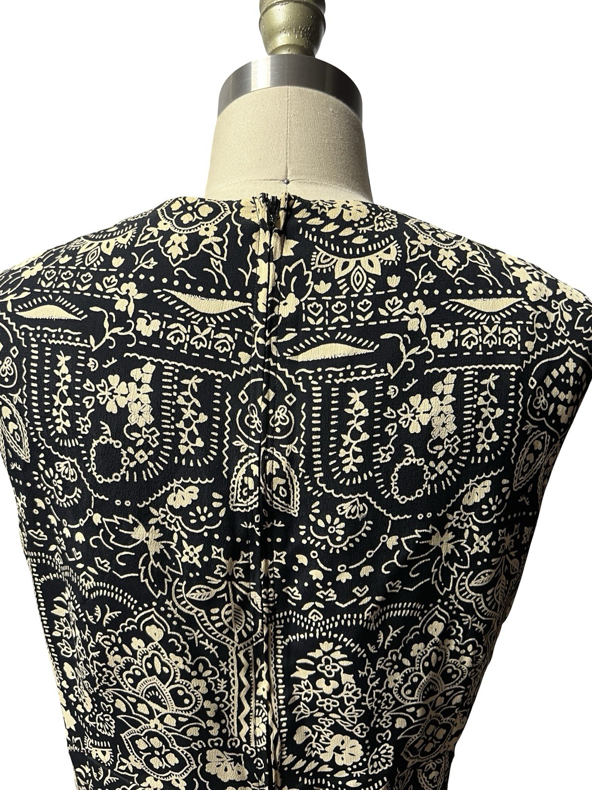 Vtg 90s Paisley Hi-Low Hem Midi Dress Womens 15/16 Black Cream Rayon Boho Grunge