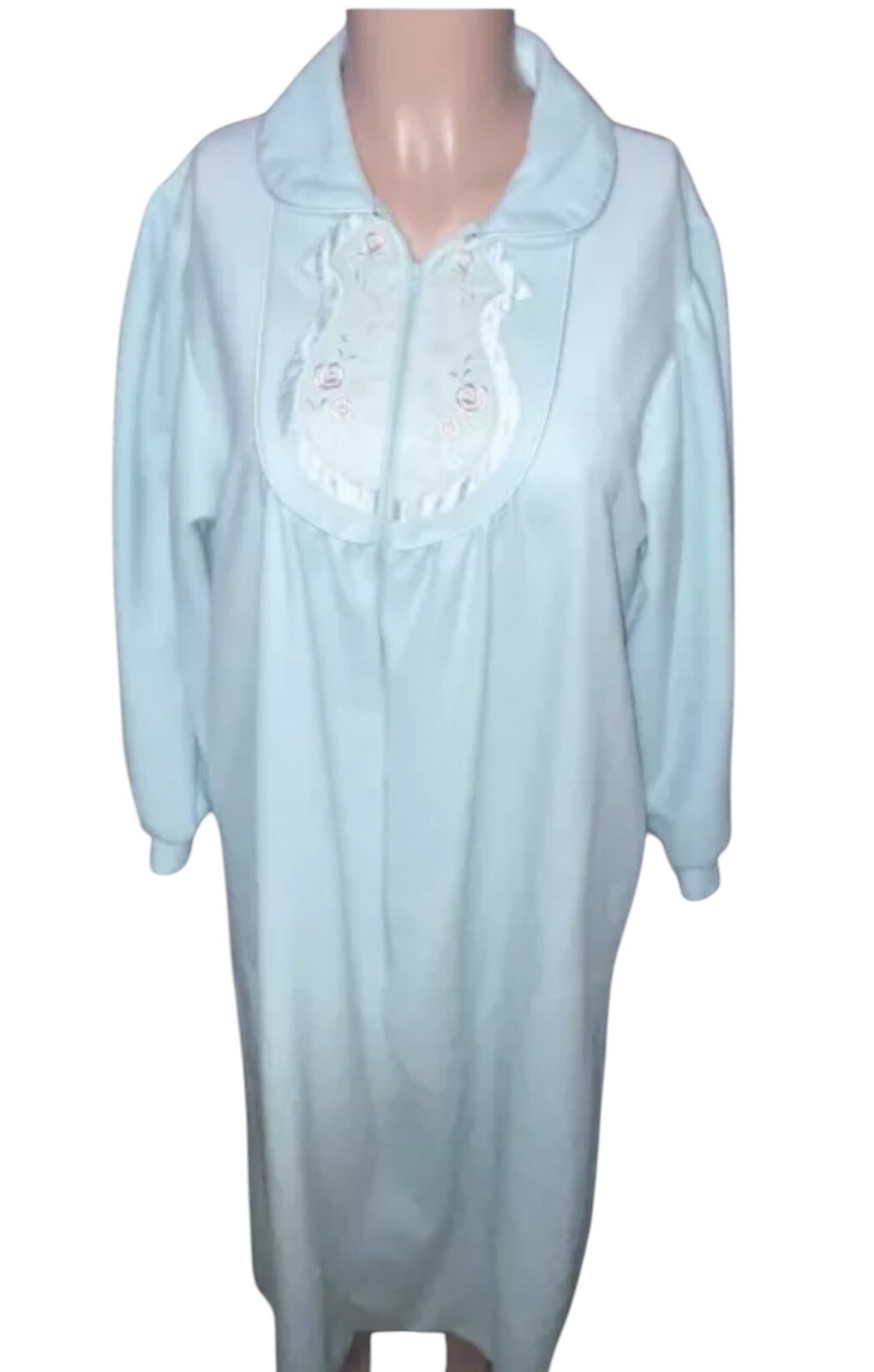 SEARS Blue Super Soft Lace Embroidery Zip Long Nightgown Robe Womens M (12-14)