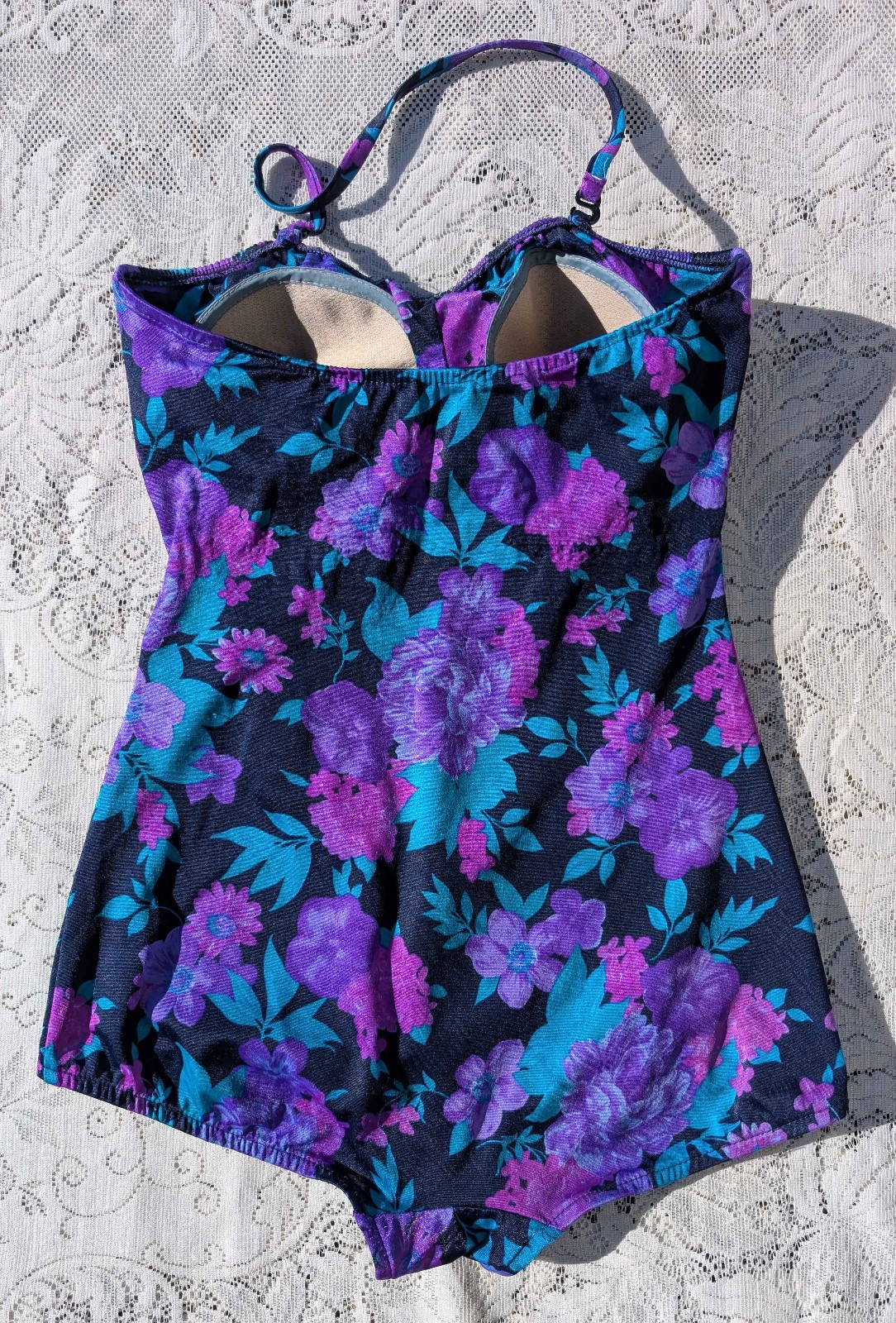 Vintage 70s 80s Maxine of Hollywood Black Purple Pink Floral Skirt Swimsuit