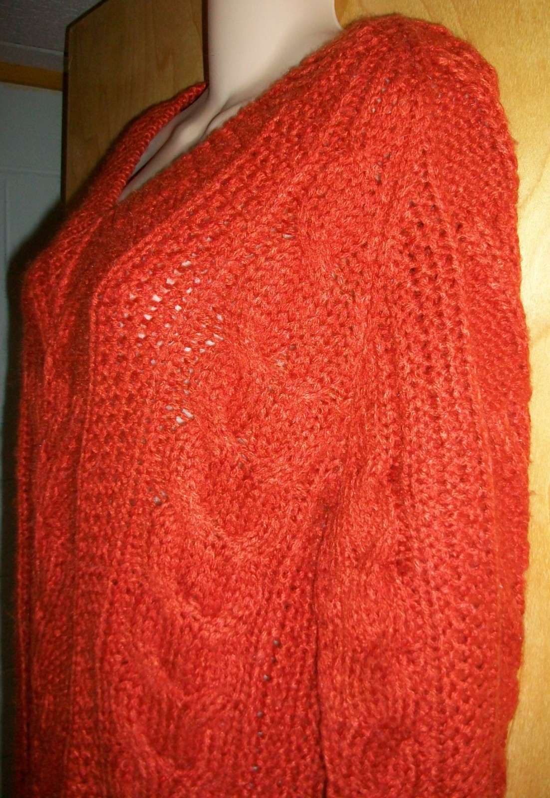 Vintage Hukapoo Paprika Orange Acrylic Cable Knit Pullover V-neck Sweater MEDIUM