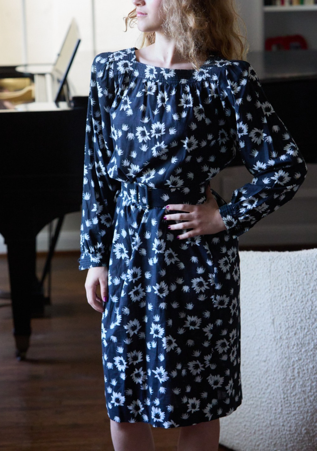 Vintage 80s Stanley Sherman 6 100% Cotton Belted Dress floral square neck