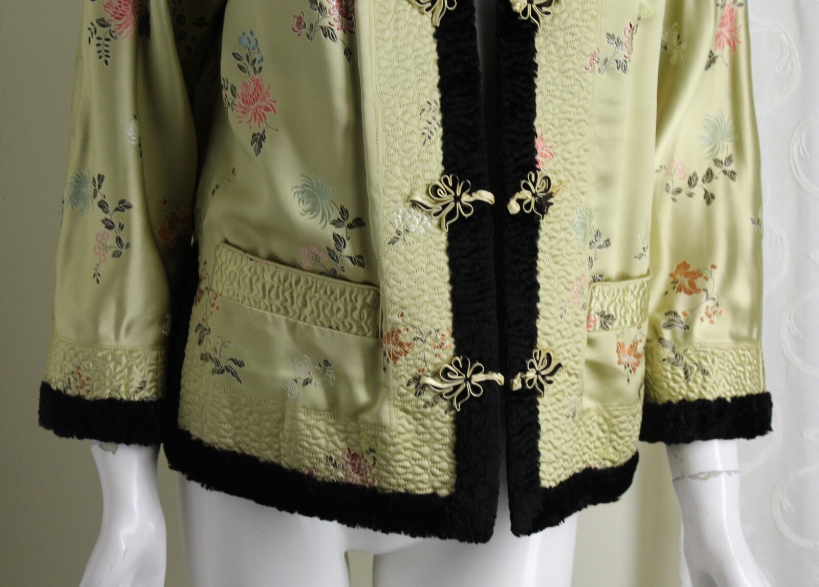 Estate Vintage Chinese Satin Faux Fur 60s 70s Blazer Jacket Sz S M