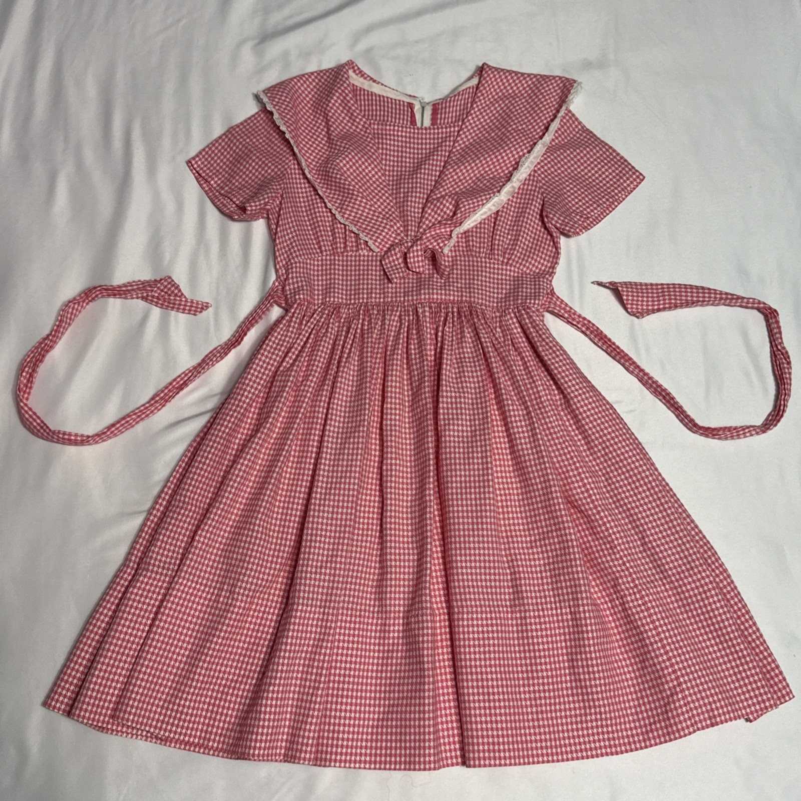VTG 1940’s Red Gingham Lace Dress Rockabilly Women’s Cozy Cottage Core Sz Small