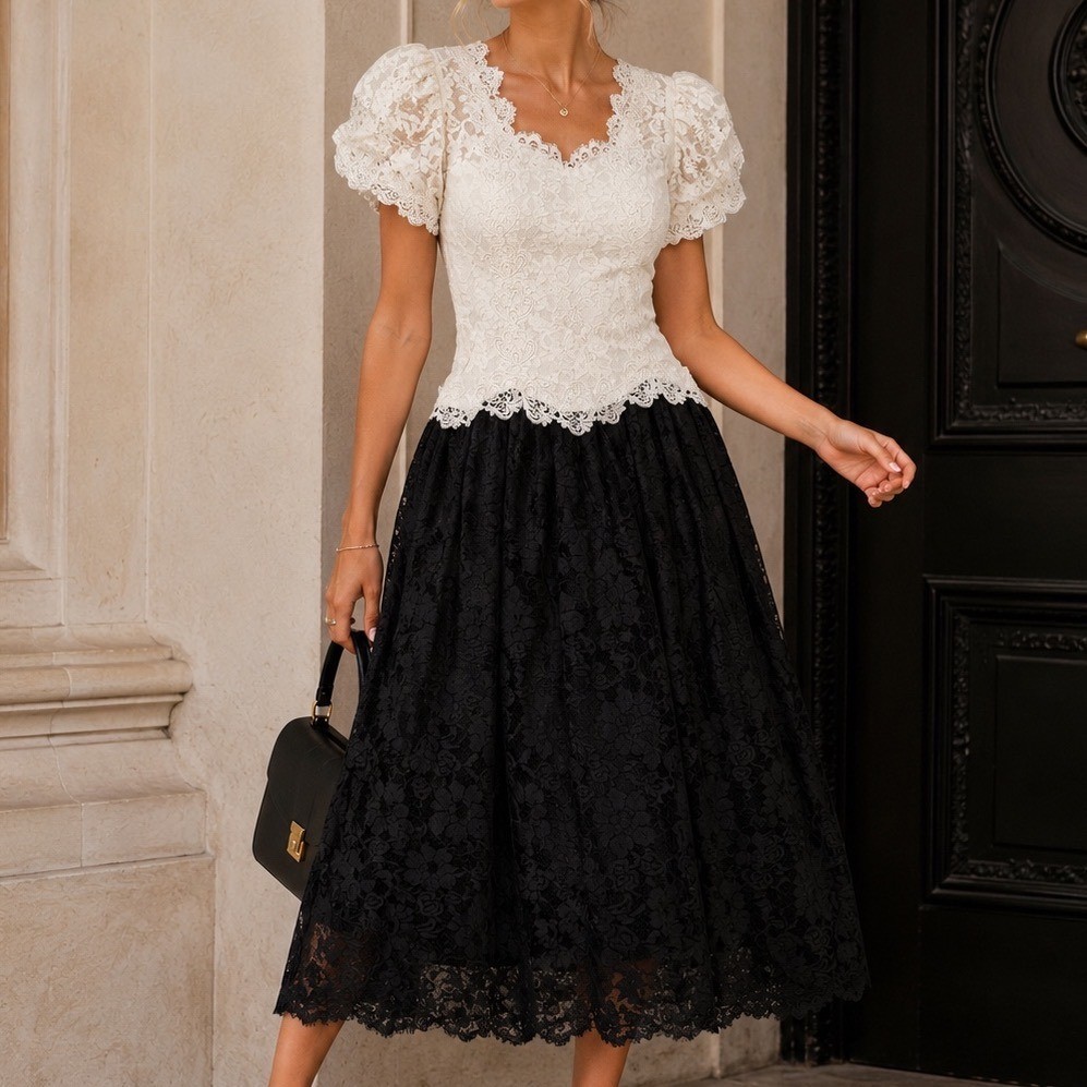 Cachet by Bari Protas Vintage Lace Midi Dress Black White Puff Sleeve Formal X5