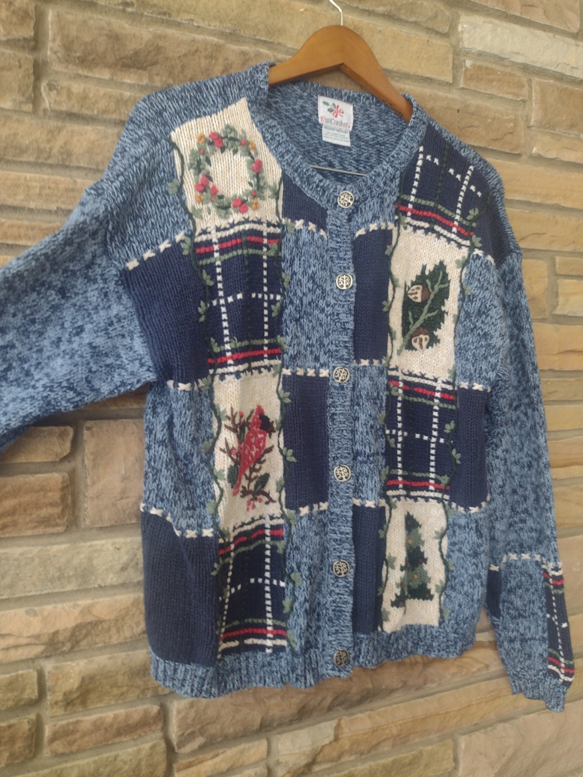 Nutcracker Ramie Cotton Blue Patchwork Cardinal Holiday Sweater Medium