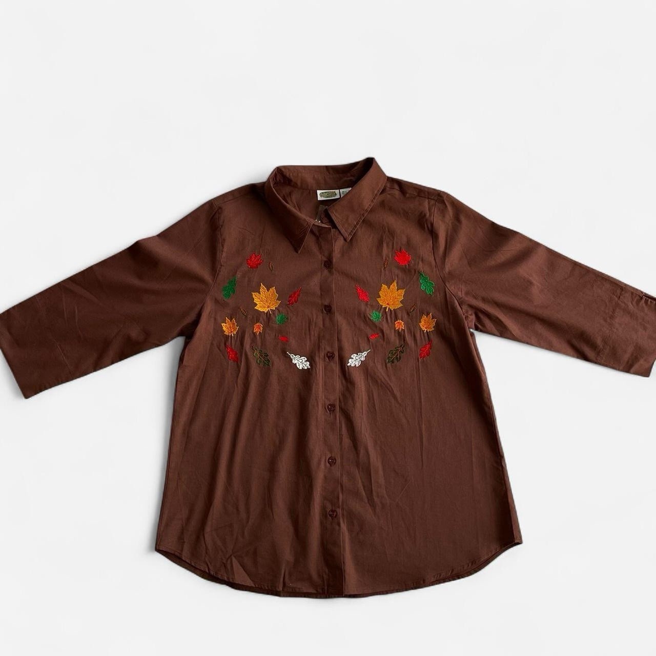 Vintage Collections Etc. 3/4 Sleeves Embroidered Fall Leaves Button Down Shirt