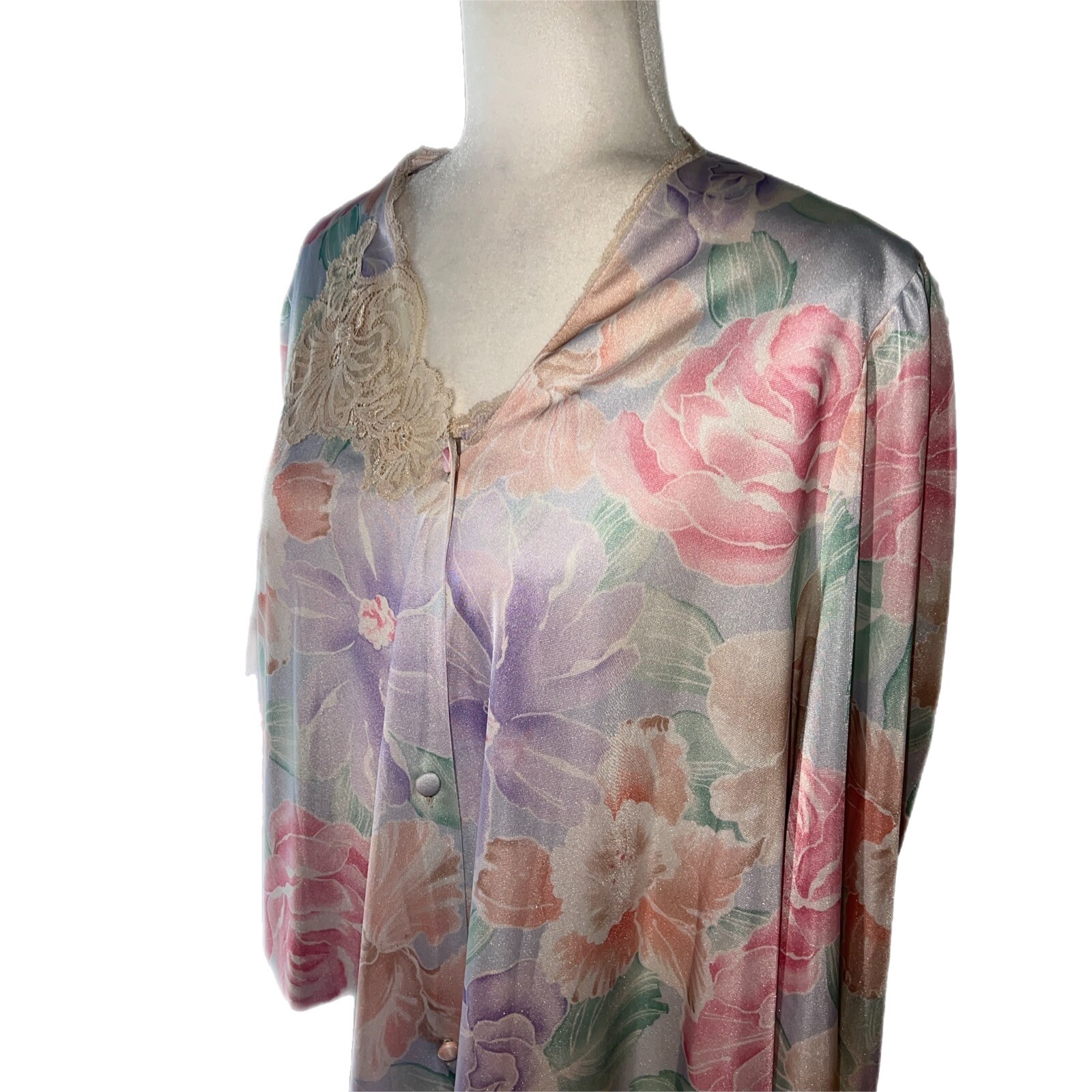 EUVC Vanity Fair Peignoir Set Robe & Gown Covered Buttons Pocket Lace Pastels L