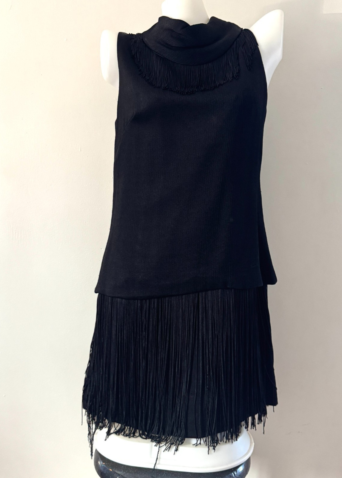 vtg 60s MISS THEME NY Black Go-Go Dancer FRINGE Mini Shift Dress Costume Mod LBD