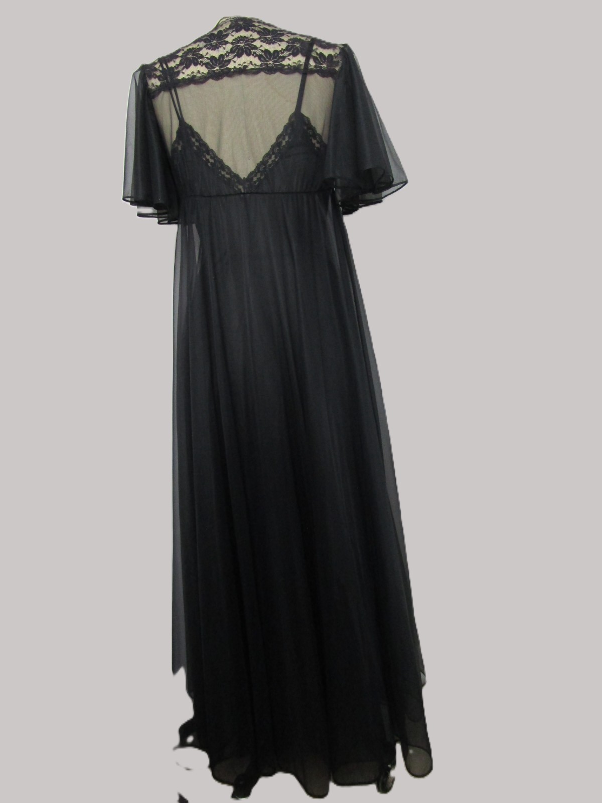 S Black Val Mode Peignoir Set Night Gown Robe Vintage Huge Sweep