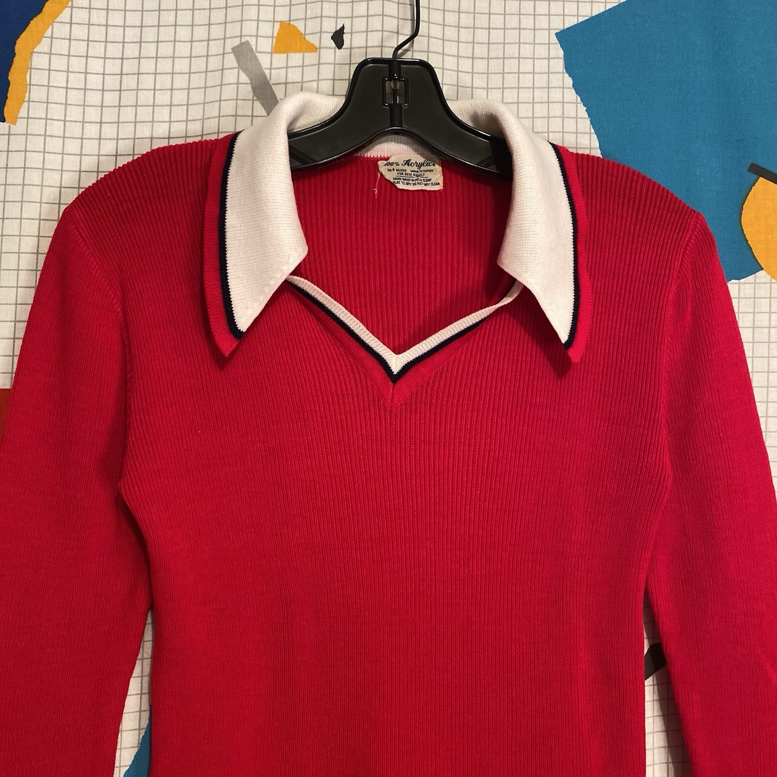 Vintage 70s Ribbed Sweater Dagger Collar Small Preppy Business Mod Hippie Pin Up