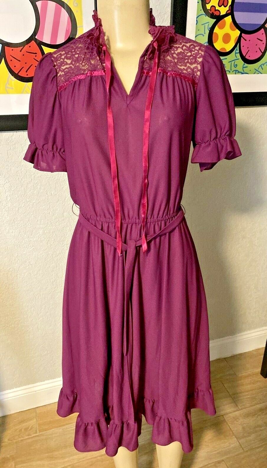 Jerri Gee Vtg 70’s S/S Lace/Ruffle Prairie Boho Victorian Dress Sz 7 PURPLE Y8
