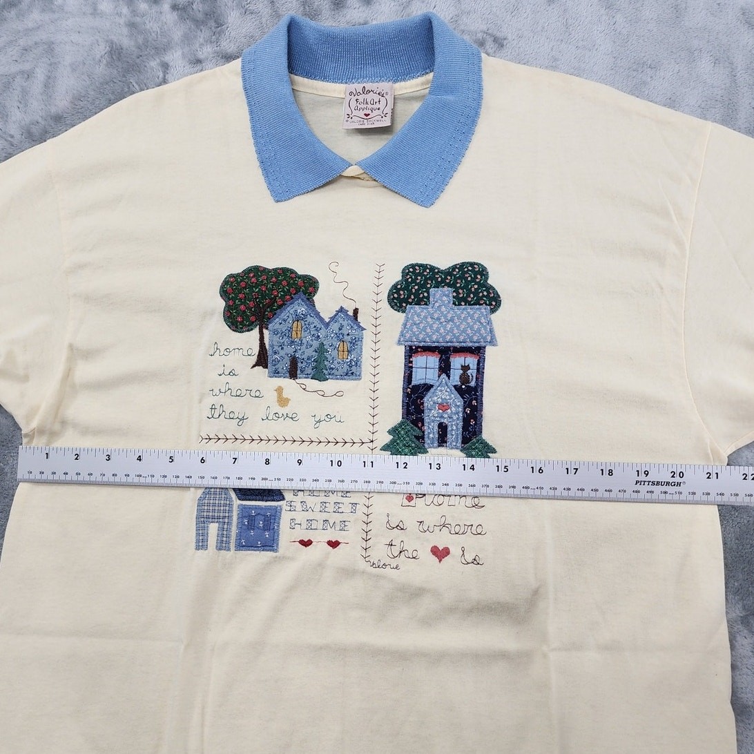 Vintage 90s Valerie Sockwell Top Womens XL Yellow Blue Embroidered Collared Tee