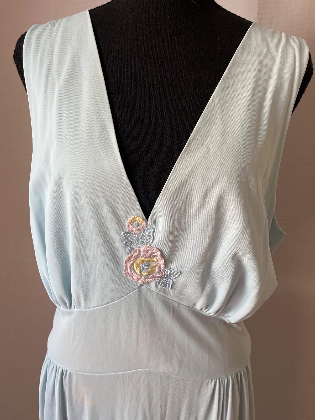 vintage slip dress by venus 40 blue dropped waist deep V neck floral accent