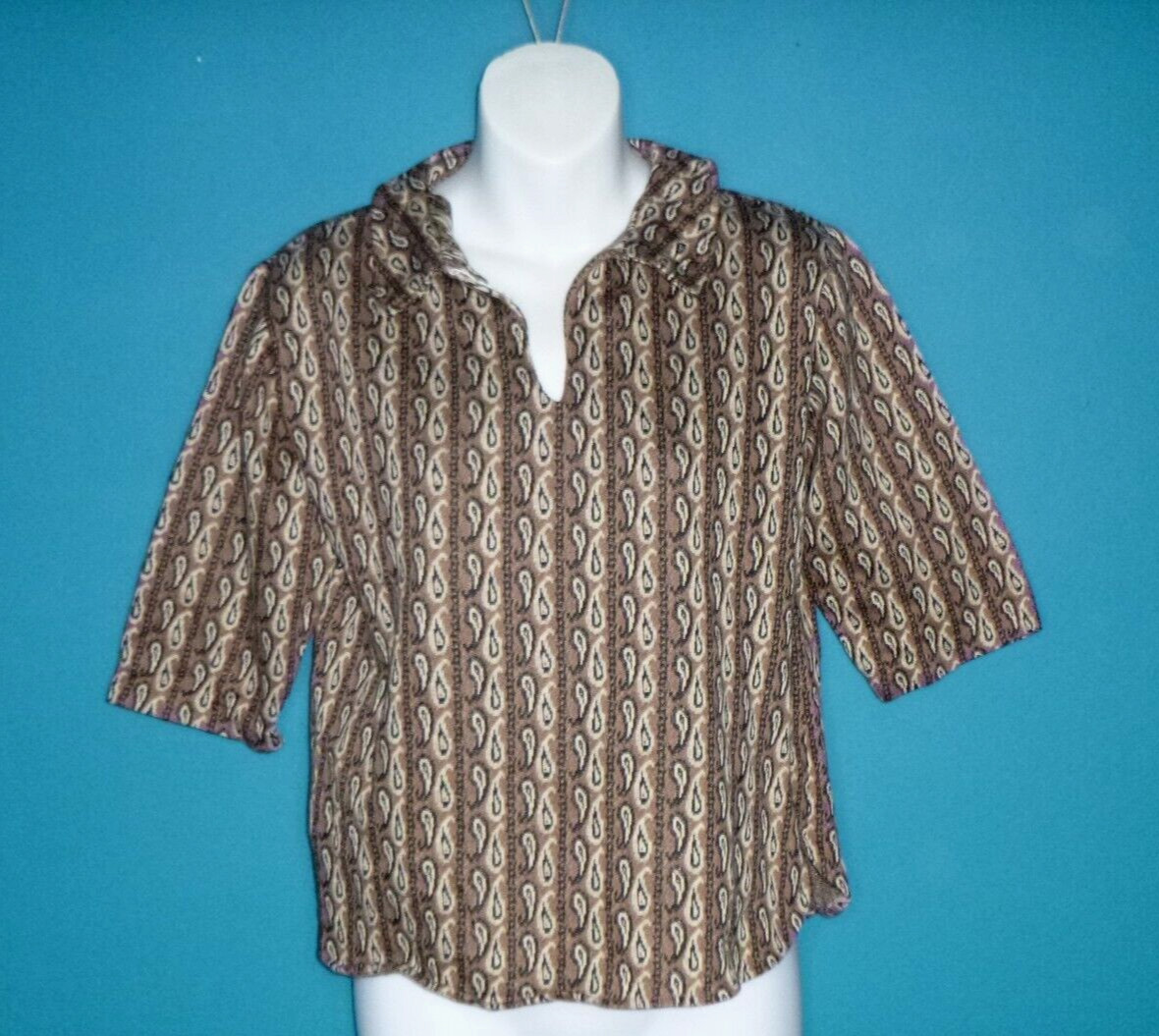 NOS Vtg 60s Stylecraft Cotton Knit Top Brown Black Paisley Sz M/L DEADSTOCK