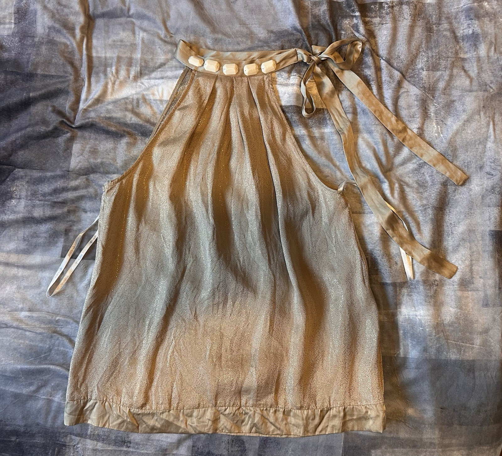 Y2K Vintage Silk Gold/Beige & Gem Kalé Bob Paris/LA PoetCore top W Sash Tie Sz M