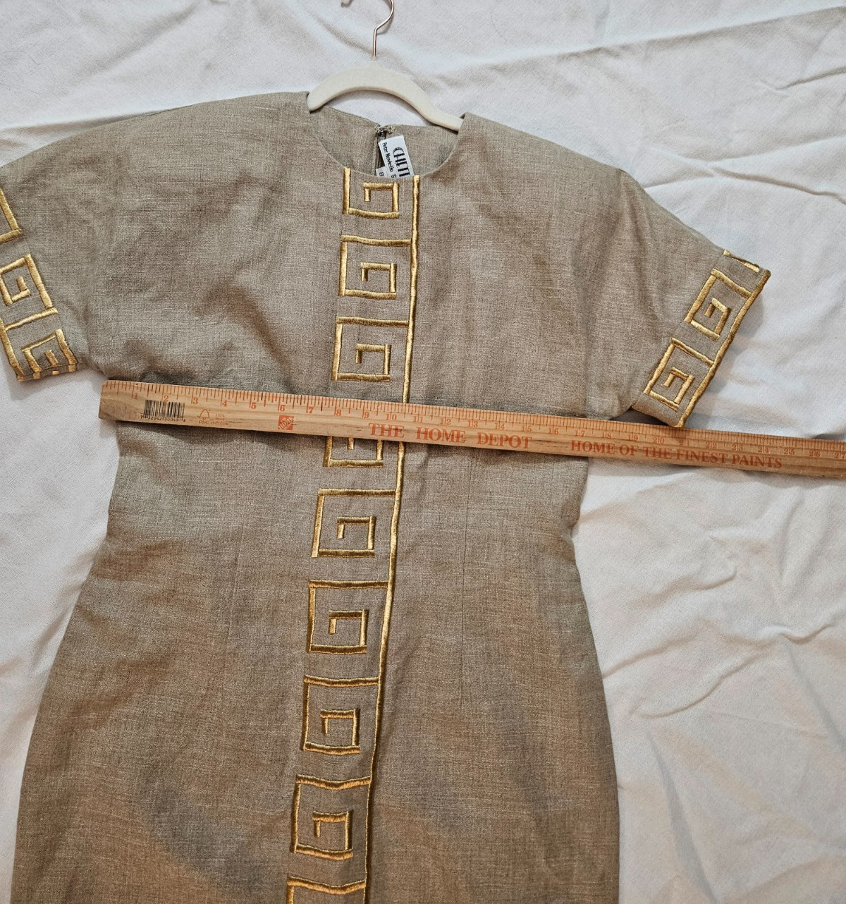 Vintage 80’s Chetta B Neutral Linen Dress w/Gold Metallic Embroidery, Sz.8, USA